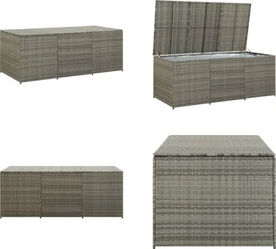A collage of four images showing a gray poly rattan garden box from different angles.