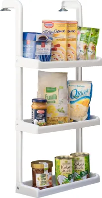 A white shelving unit with various food products on its shelves, against a white background.