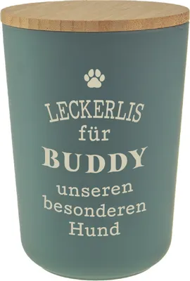 Produktbild von Personalisierte Futterdose, Vorratsdose zur Aufbewahrung m.Holzdeckel u. Silikondichtung f.Katzen u. Hunde Accessoires - Leckerlidose Buddy