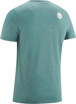 Rückansicht eines türkisfarbenen T-Shirts Highball IV von Edelrid; mit rundem Halsausschnitt und kleinem Logo auf der Schulter.