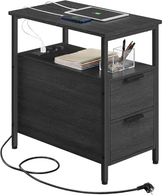 Imagen del producto de Mesita de noche con 2 cajones - Mesa auxiliar estrecha con enchufes y puertos USB - Acero y aglomerado - Estilo rústico