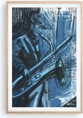 Produktbild von Gerahmtes Poster - Rahmen in heller Eiche - Saxophon Musiker Zeichnen - 61x91,5 cm - Wand Bild - Wanddeko - Wandbilder - Wandposter - Bilderrahmen - Bilder - Kunstdruck - Wandbild - P2NPA61x91-4148