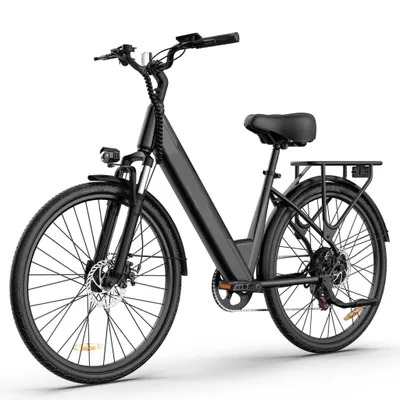 A black electric bicycle is shown against a white background.