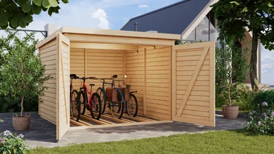 A wooden bike shed with its doors open, parked in a garden setting.