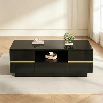 Produktbild von Merax Hochglanz Couchtisch mit LED-Beleuchtung, Wohnzimmertisch mit 2 Türen, Sofatisch mit Schublade und offenes Fach, Beistelltisch aus MDF, Schwarz