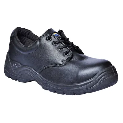 A black safety shoe is shown against a white background.