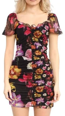 Produktbild von Desigual Sala Lacroix Damenkleid, schwarzes, buntes Blumenmuster, kurze Ärmel