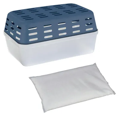 Zdjęcie produktu dla Osuszacz powietrza Allstar, model Lufeu, z 2 opakowaniami granulatu osuszającego po 1 kg, do pomieszczeń o objętości do 80 m³, zapobiega powstawaniu pleśni i nieprzyjemnych zapachów, nie wymaga zasilania, cichy, z możliwością ponownego napełnienia, kolor niebieski
