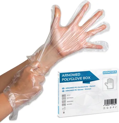 Produktbild von ARNOMED Einweghandschuhe PE, 100 Plastikhandschuhe Transparent, Einmalhandschuhe Gr Damen/Herren - Gr. S-M, in der Box