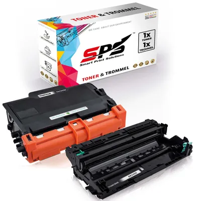 A toner cartridge and a drum unit are displayed in front of their packaging.