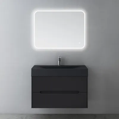 Produktbild von Mai & Mai Badezimmermöbel Waschbeckenunterschrank mit Softclose Schubladen inkl. Mineralguss Waschbecken LED-Badspiegel 80cm in Matt Schwarz Badmöbel-Set Yoga