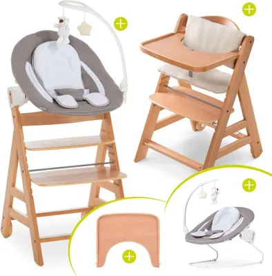 A collage of a wooden high chair with a newborn set and a separate newborn bouncer.