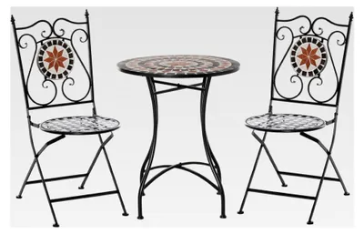 Produktbild von Garten Sitzgruppe 3-teiliges Mosaiktisch Essgruppe Balkonmöbel Set 1 Tisch und 2 Faltbare Stühle Terrasse Metall Mehrfarbig