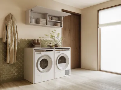 Produktbild von PLATAN ROOM Waschmaschinenumbauschrank Set DORA, 130 cm breit, Überbauschrank für Waschmaschine und Trockner, Kaschmir