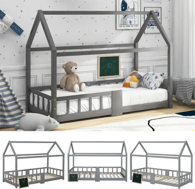 Produktbild von Grau Kinderbett Hausbett 90x200cm (Ohne Matratze) Holzbett für Kinderzimmer, inkl. Tafel|Lattenrosten|Rausfallschutz, aus Kiefernholz
