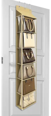 Produktbild von Organizer mit 6 Fächern, hängender Handtaschen-Organizer mit Reißverschluss, für Schals, Mützen und Leggings, 40 x 14,5 x 173 cm, hellbraun