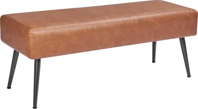 A brown leather bench with black metal legs on a white background.