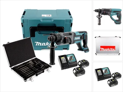 Produktbild von Makita DHR 241 RTJ Akku Bohrhammer 18 V Li-Ion mit SDS-Plus Aufnahme im Makpac + 2x BL 1850 B 5,0 Ah Akku + DC 18 RC Schnellladegerät + Makita D-42444 SDS-Plus Bohrer-Meißel-Set 17 tlg. im Alu Koffer