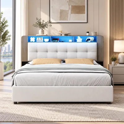 Immagine prodotto di Letto idraulico imbottito INONEFT, 140x200 cm, con LED, letto per giovani con testiera, spazio contenitivo e ricarica wireless, struttura del letto con rete a doghe, velluto, beige, Immagine generata dall'IA