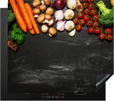 Produktbild von KitchenYeah© Herdabdeckplatte Karotte - Gemüse - Kräuter - Gewürze - Rustikal , 58x51cm, Küche Deko, Glaskeramikkochfeld Herdabdeckung, Abdeckplatte fùr Kochfeld
