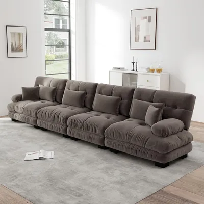 Zdjęcie produktu dla Czteromiejscowa narożna sofa z tkaniny szenilowej, modułowa sofa rozkładana, głębokie siedzisko, 406 x 77 x 81 cm, brązowa