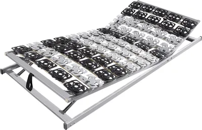 A slatted bed base with adjustable head and foot sections, shown from a diagonal angle against a white background.