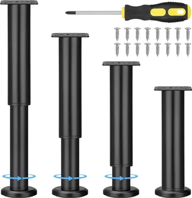 Four adjustable furniture legs and a screwdriver with screws are displayed on a white background.