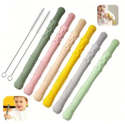 Produktbild von 6er Set Beißring Baby Zahnungshilfe, BPA frei Kaustange für 3-12 Monate, Silikon Beißspielzeug mit Reinigungsbürsten, spülmaschinenfest