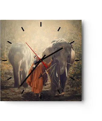 Produktbild von Wanduhr - Quadrat - Glasuhr - Elefant Mönch Dschungel - 40x40cm - Schleichendes Uhrwerk - Lautlos - zum Aufhängen bereit - Dekoration Modern - Wanddekoration aus Glas - C3AC40x40-3453