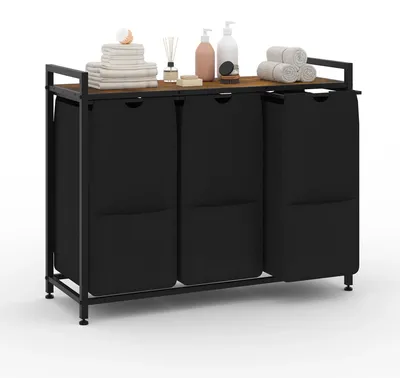 Zdjęcie produktu dla Koszyk na pranie – sortownik z 3 przegródkami – metalowa konstrukcja – półka z MDF – wąski, 92,5 x 33 x 72 cm – oszczędza miejsce – kolor czarny