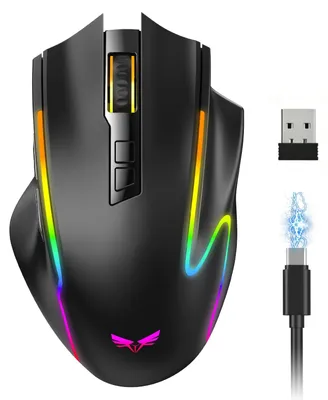 Immagine prodotto di Mouse da gioco RGB wireless, 2400 MHz, con tasto per fuoco rapido, 12800 DPI, colore nero profondo