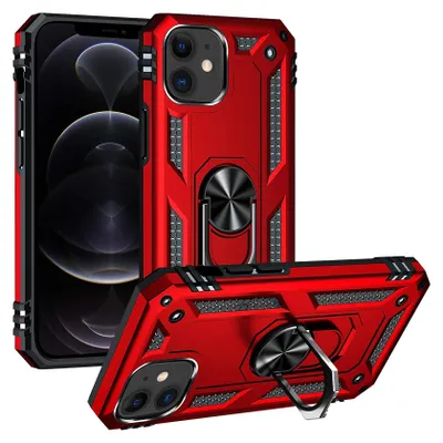 Two red phone cases with a ring holder, one standing and one lying down, displayed against a white background.