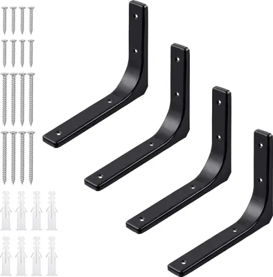 Image de Support d'étagère Support mural coudé 20,3 cm Lot de 4 Robuste Noir Acier Forme en L