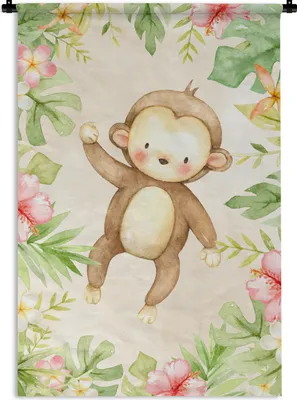 Produktbild von MuchoWow® Wandteppich Wandbehang Affe - Blumen - Pflanzen - Dschungel 90x135 cm Tapisserie Dekoration Wandtuch - Baumwolle - Wandskulptur
