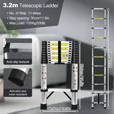 Produktbild von Teleskopleiter - Haushaltsleiter 3,2 m Edelstahl - EN131 - 150 kg Tragkraft - Klappbar Rutschfest Innen/Außen