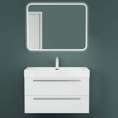 Produktbild von Mai & Mai Badmöbelset Komplett Set Waschbeckenunterschrank 90cm Unterschrank mit Waschschbecken aus Mineralguss und LED-Badspiegel Quadratto