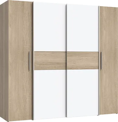 A front view of a modern wardrobe with sliding doors.