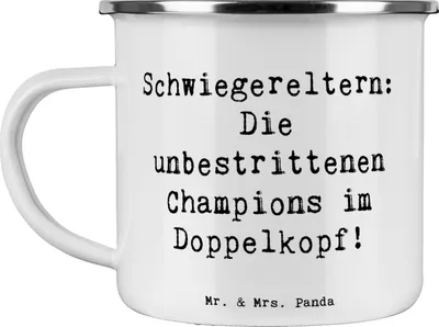 Produktbild von Mr. & Mrs. Panda Teetasse Spruch Schwiegereltern Champions - Weiß - Geschenk, Geschenkideen, Familientreffen, Haferl, persönliche Erinnerungen, Emaille Becher, Liebe
