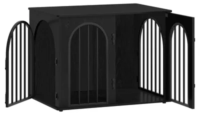 Image de Meuble pour chien - Cage d'intérieur de 80 cm / table d'appoint - 3 portes - porte en arc - bois robuste - noir