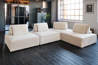 A modular sofa in a modern living room with dark wooden floors and large windows.