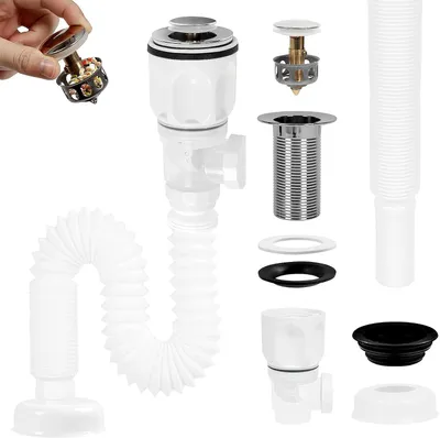 Produktbild von Ablaufgarnitur für Waschbecken – Set mit Siphon und Pop-Up-Ablaufverschluss – Ablaufsatz für Waschbecken – Für Badezimmer – Toilette