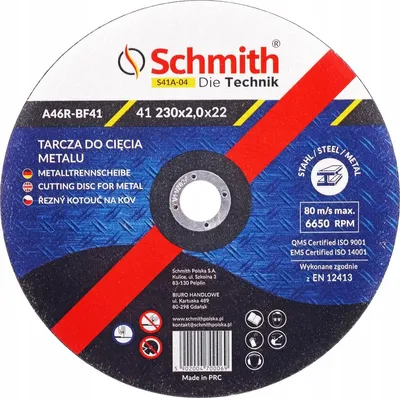 Zdjęcie produktu dla SCHMITH - Tarcza tnąca 230 mm x 2 mm do metalu, stali nierdzewnej