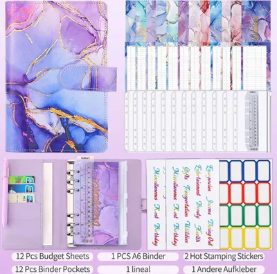 Immagine prodotto di Quaderno di bilancio A6 con buste trasparenti per i contanti, fogli di bilancio ed etichette adesive, viola