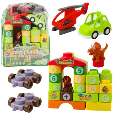 Immagine prodotto di Blocchi di costruzione educativi in ​​uno zaino Dinosauri Numeri Lettere 49 pezzi.