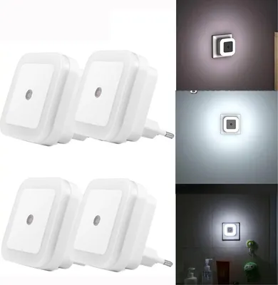 Collage of LED night lights plugged into outlets, showing them in different lighting conditions.