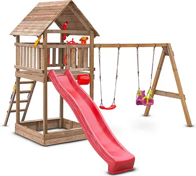 Produktbild von Wood&Play TOBI Spielturm mit Rutsche und Sandkasten - 335x150x150cm + Schaukel