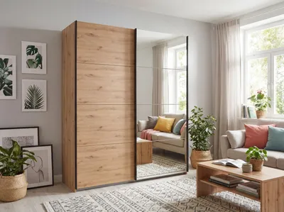 Produktbild von Schwebetürenschrank >AALST< in ARTISAN EICHE Nachbildung / SPIEGEL - 135x208x65cm (BxHxT)