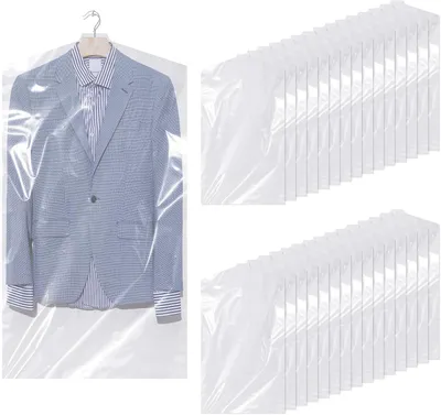 Obrázok produktu pre Plastové obaly na oblečenie – sada 30 kusov – priehľadné obaly na oblečenie, 60 x 90 cm – na zavesenie – obaly do čistiarne – na košele, sako, obleky