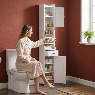 Produktbild von 180 cm Badezimmerschrank Schmal Hoch, Badschrank mit 1 Schublade | Hochschrank Badezimmer, mit 2 Türen und Verstellbaren Ablagen Offenen Fach