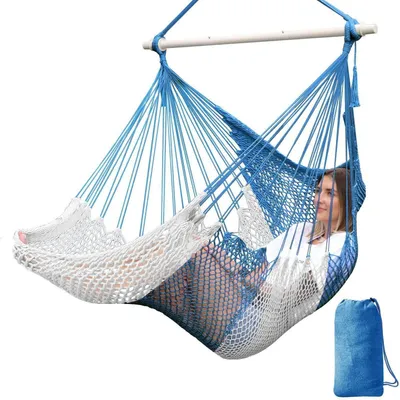 Productafbeelding van Hangstoel, met handgeweven net, katoenen touw, blauw/wit, 240x80 cm